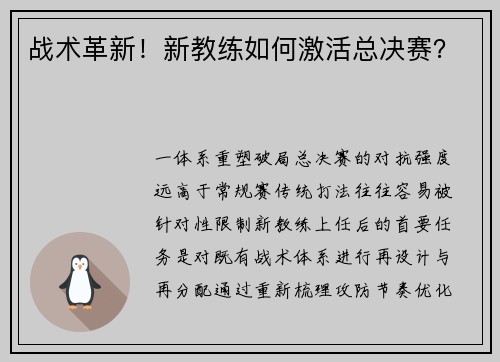 战术革新！新教练如何激活总决赛？