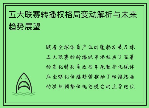 五大联赛转播权格局变动解析与未来趋势展望
